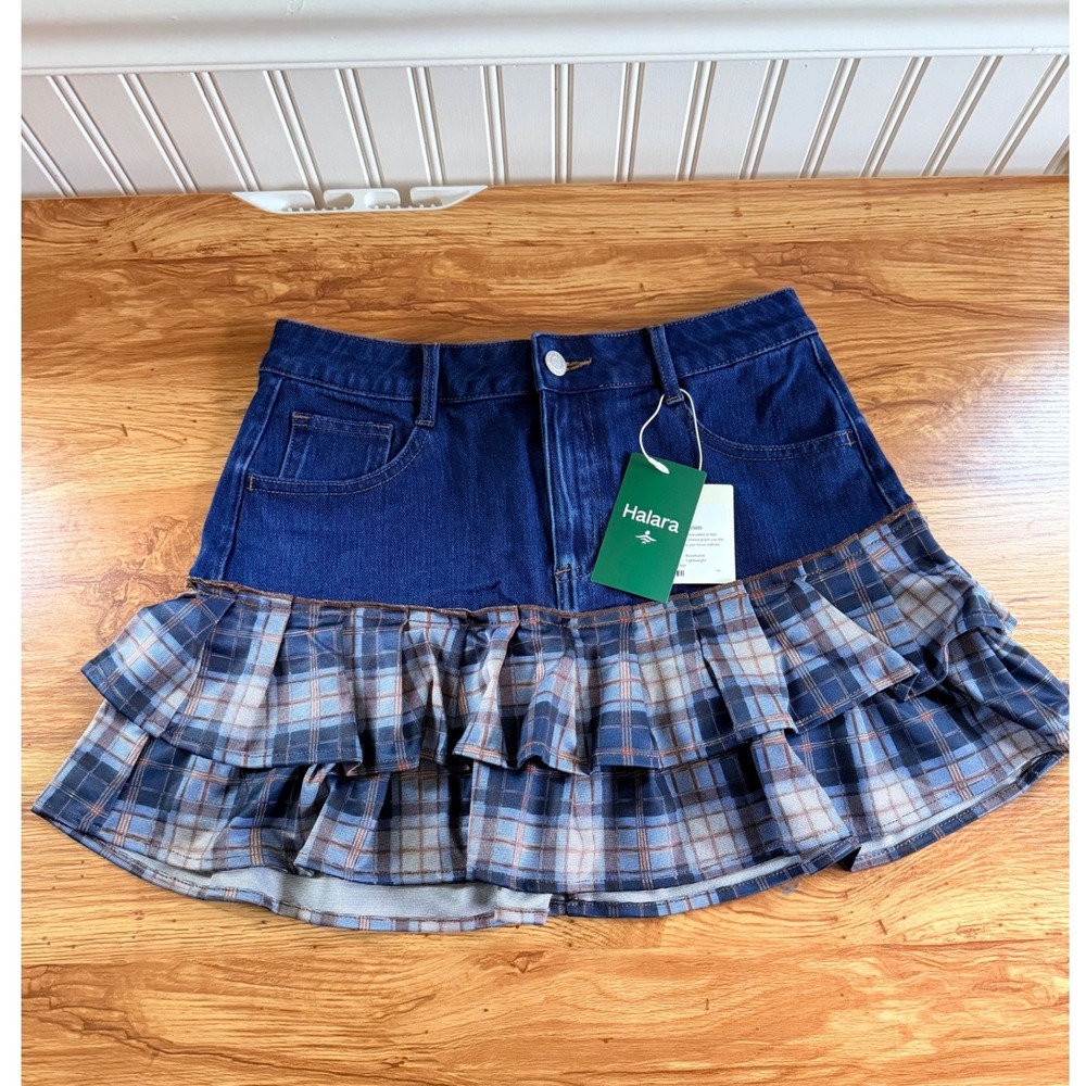 Halara Denim Plaid Ruffle Tiered Mini Skirt Size S NWT